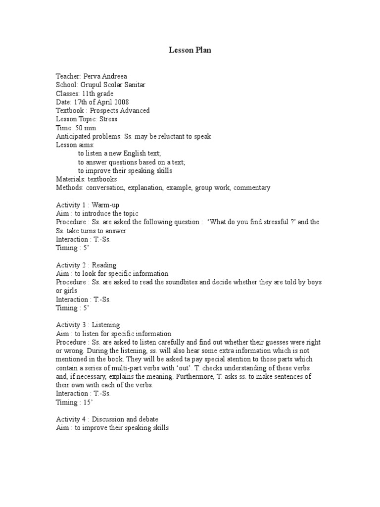 Lesson Plan Stress 1195 | PDF | Lesson Plan | Teaching