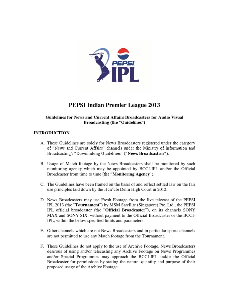 IPL 2013 News Broadcasting Guidelines | PDF | News Broadcasting ...