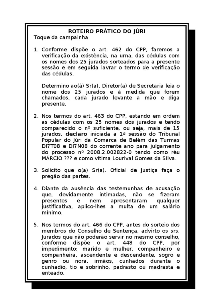 Roteiro Prático do Júri Simulado | PDF | Sentença (jurídico) | Réu