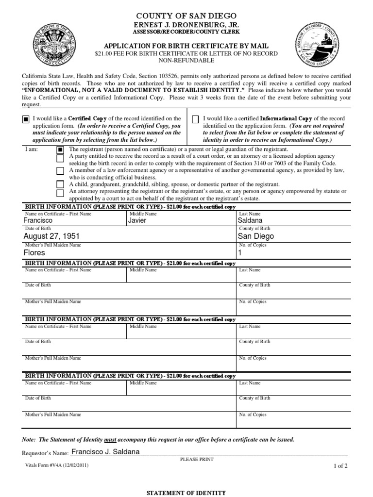 San Diego County Birth Certificate Application Birth Certificate Notary Public