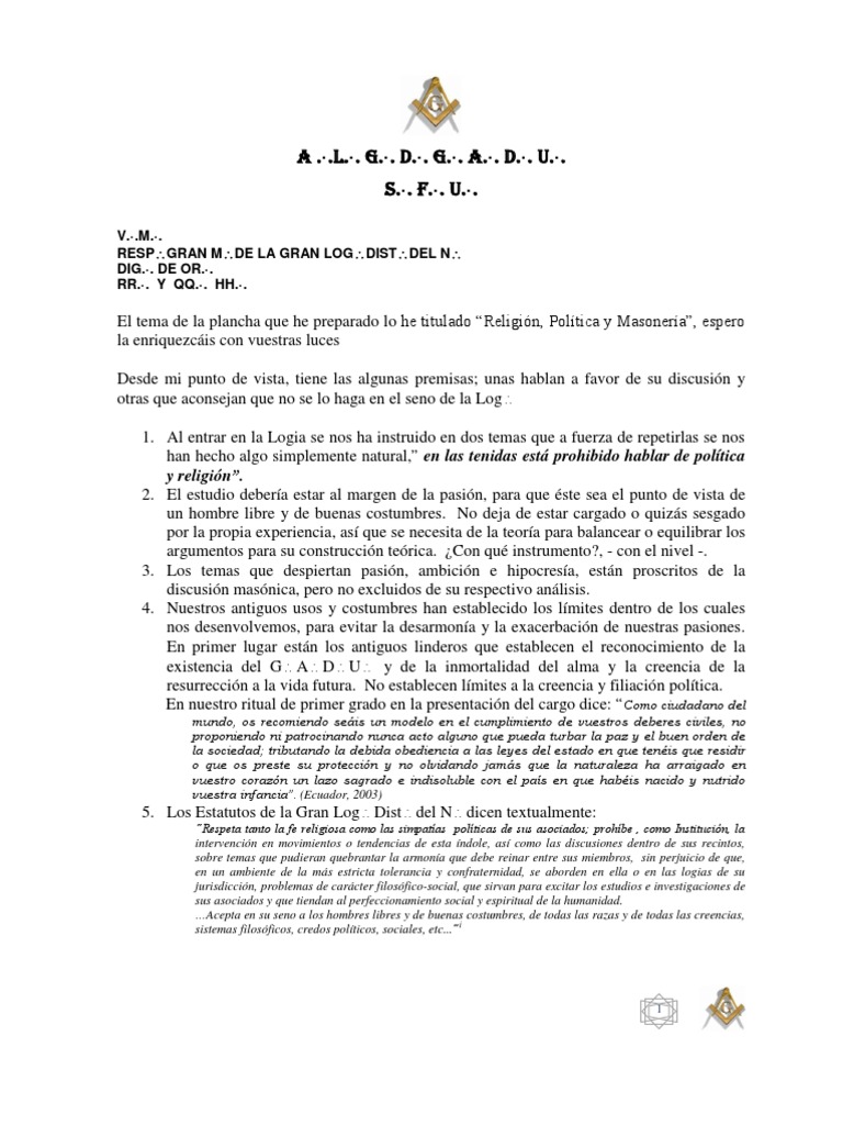 Religión Política y Masonería PDF Masonería Esencia