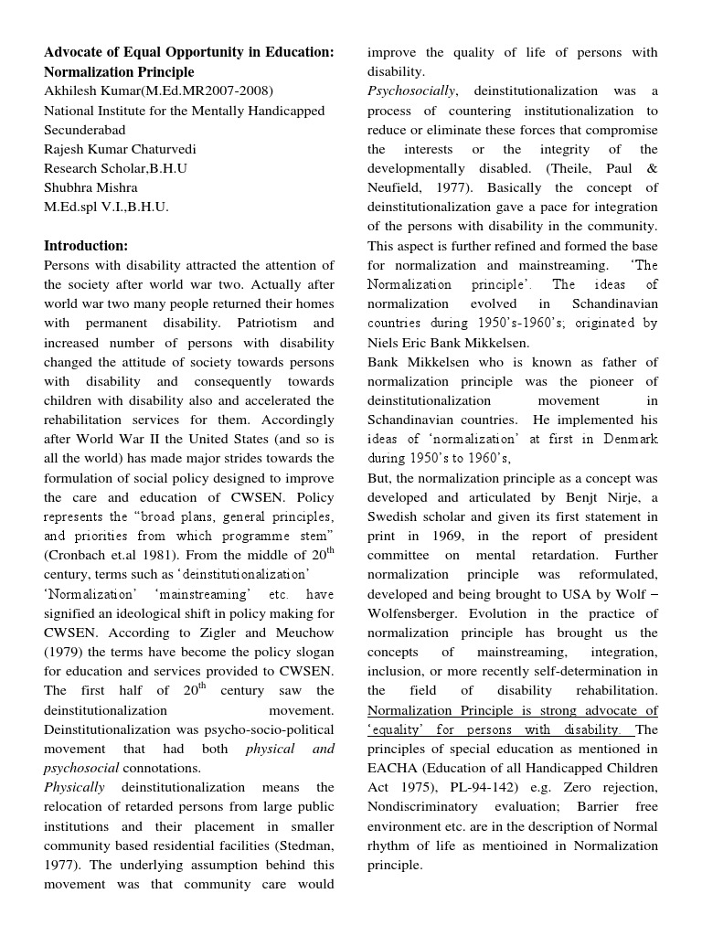 Normalization Principle in Education | PDF | Intellectual Disability ...
