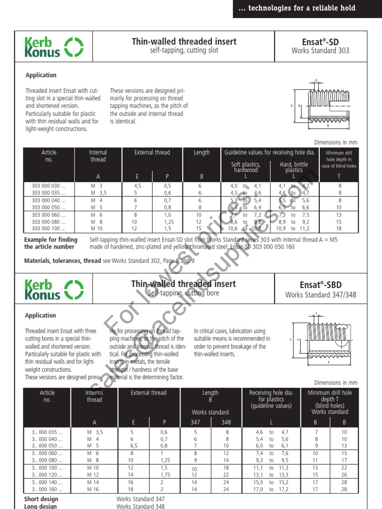 Ensat Self Tapping Inserts 303 Series PDF Plastic Crafts