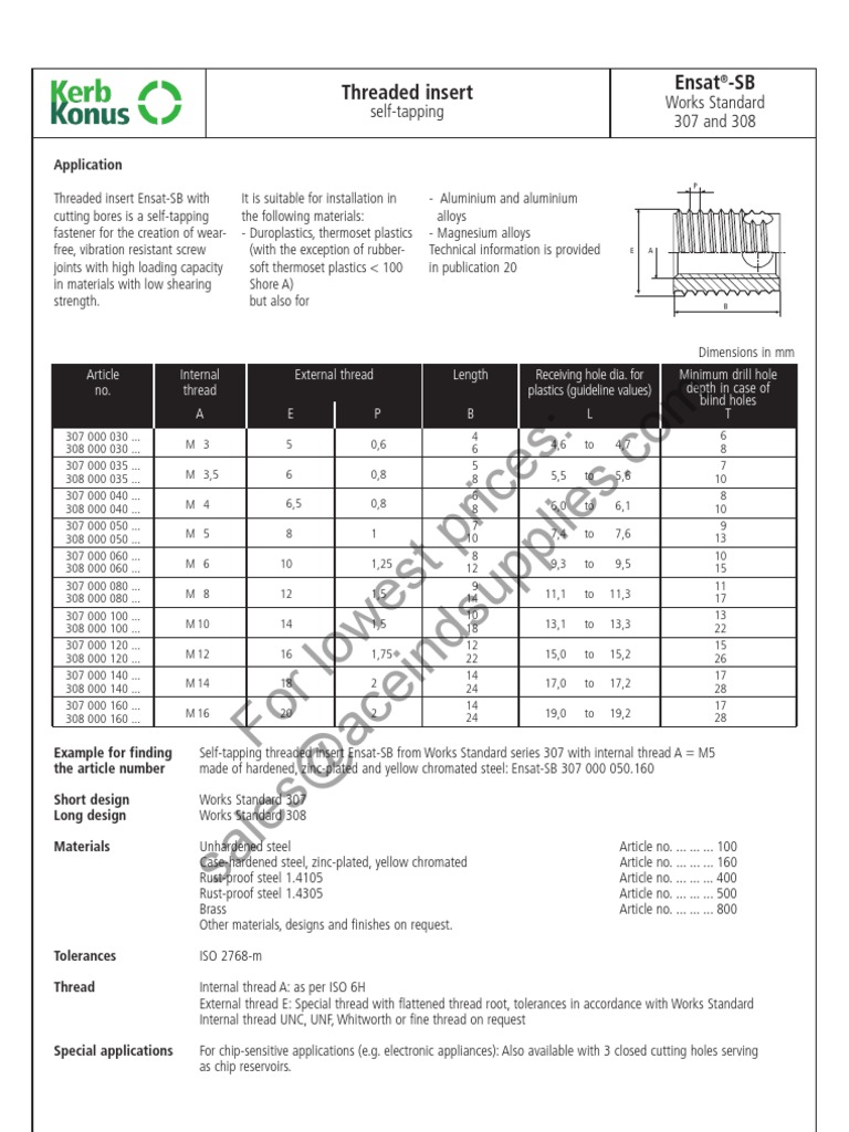 Ensat Self Tapping Inserts 307 308 Series Screw Chemical Substances