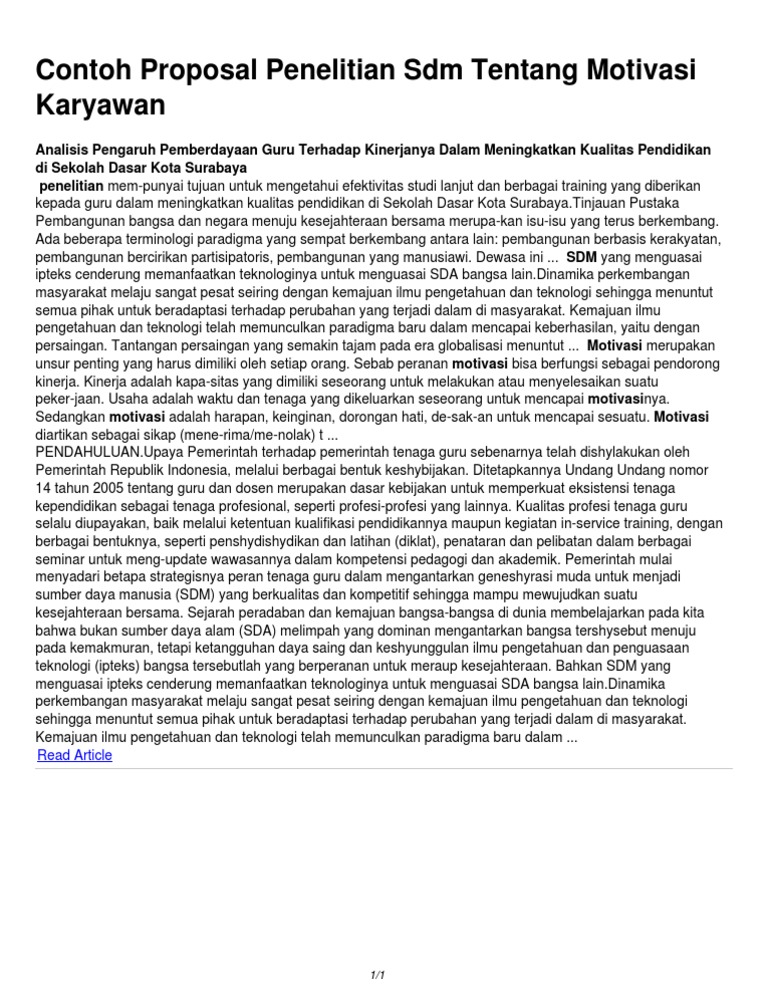Contoh Proposal Penelitian Sdm Tentang Motivasi Karyawan