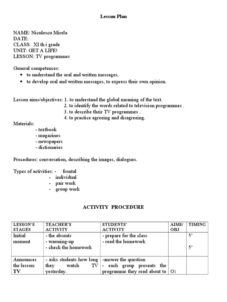 Lesson Plan: Lesson'S Stages Teacher'S Activity Students' Activity Aims ...