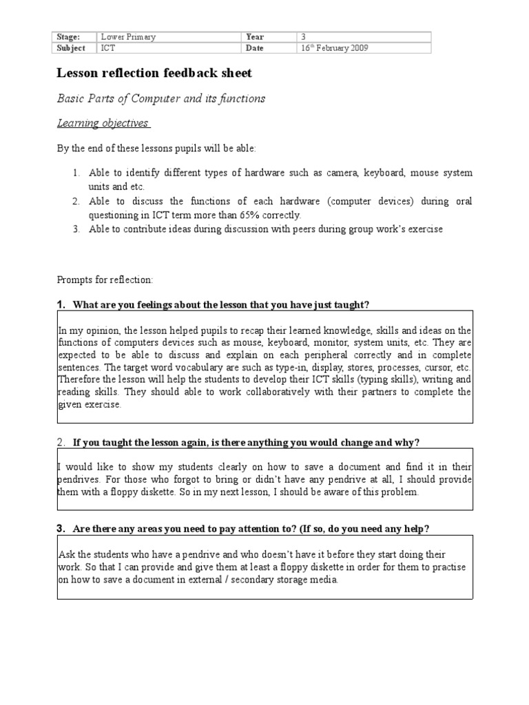 Computer Hardware Lesson Reflection | PDF | Computers