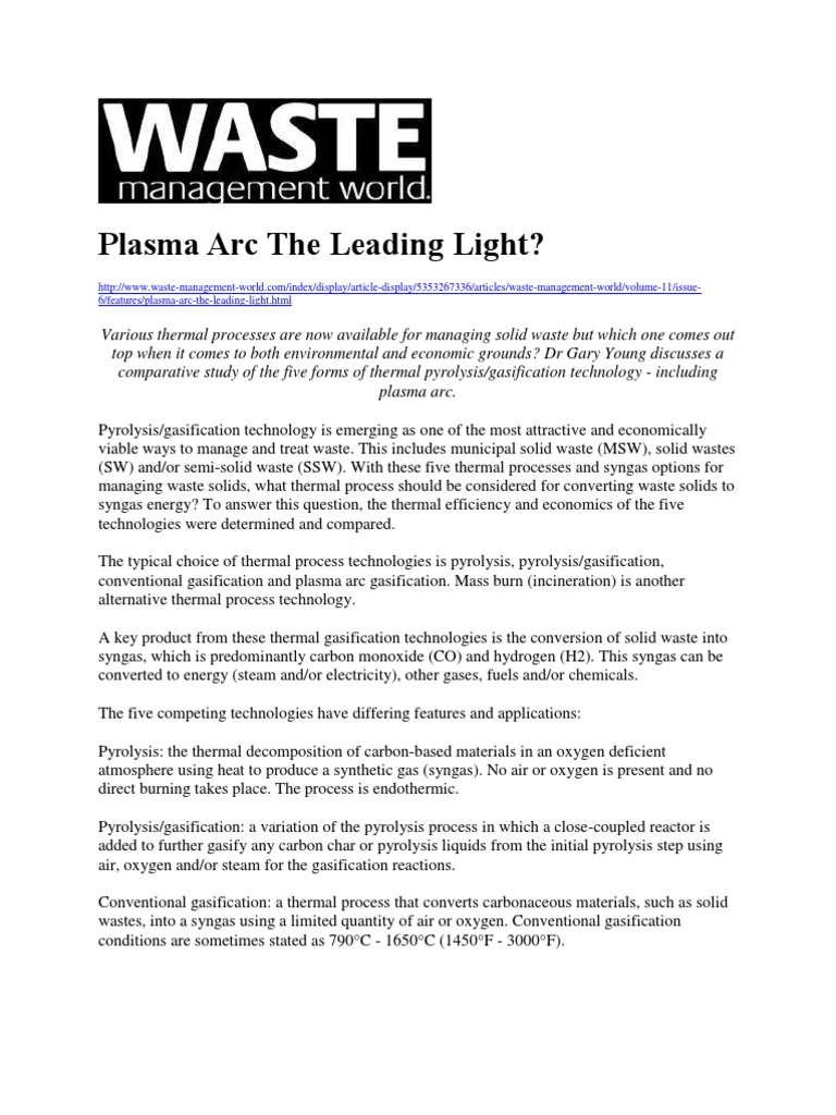 Plasma Arc The Leading Light From Waste | PDF | Gasification | Pyrolysis
