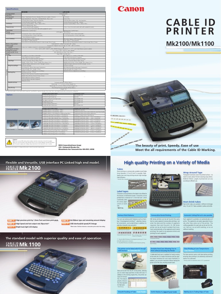 Specifications and Features of the Mk2100 and Mk1100 Cable ID Printers ...