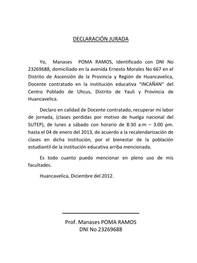 Declaración Jurada de Docente en Huancavelica | PDF | Relaciones ...
