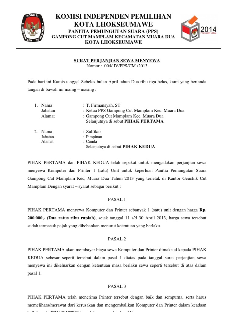 Surat Sewa Komputer Printer