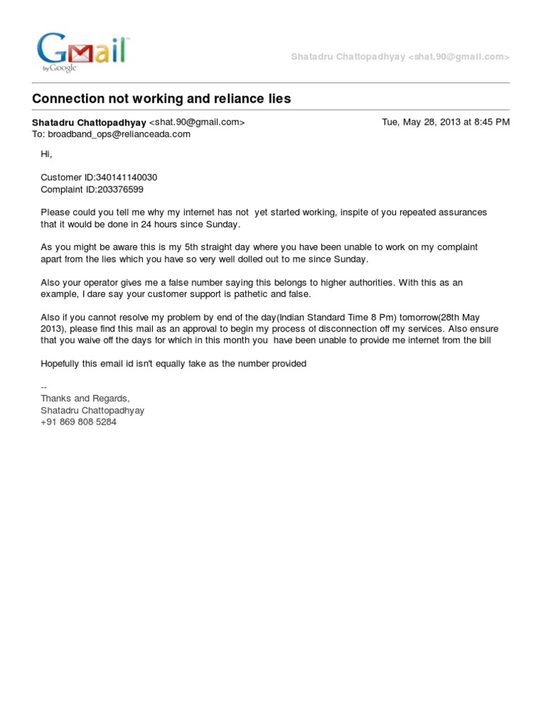 Internet Service Complaint to Reliance | PDF