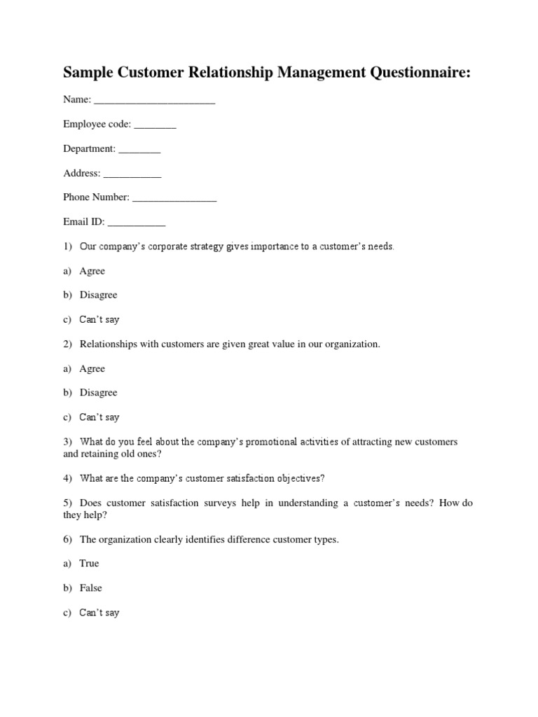 Sample Customer Relationship Management Questionnaire Customer