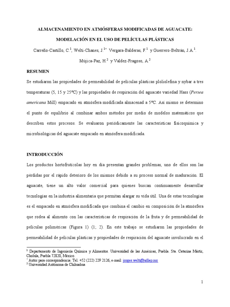 ALMACENAMIENTO EN ATMÓSFERAS MODIFICADAS DE AGUACATE PDF Gases