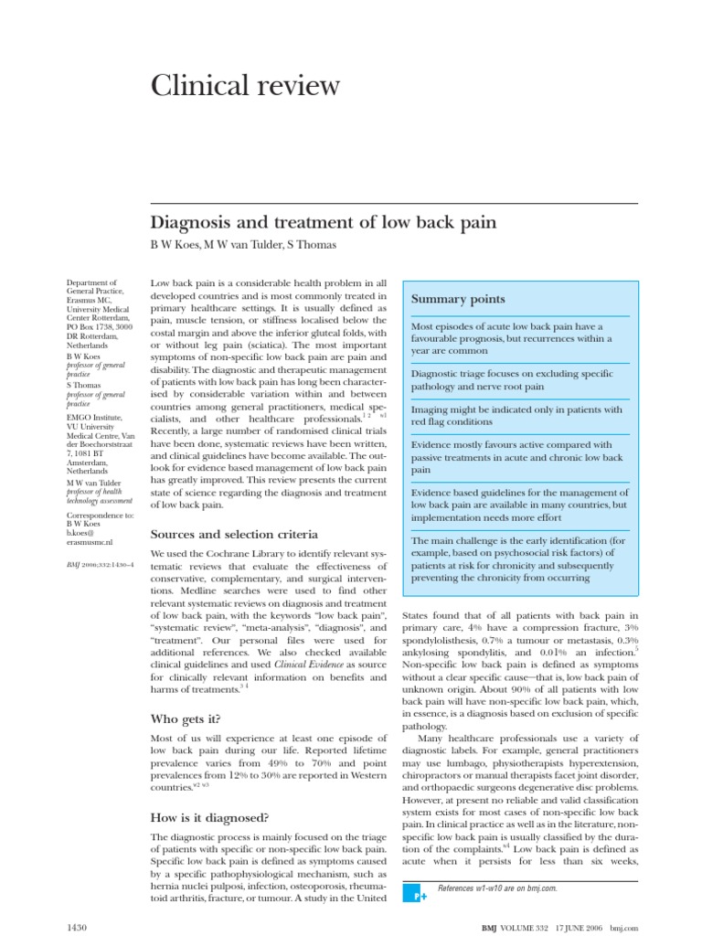Clinical Review: Diagnosis and Treatment of Low Back Pain | PDF | Low ...