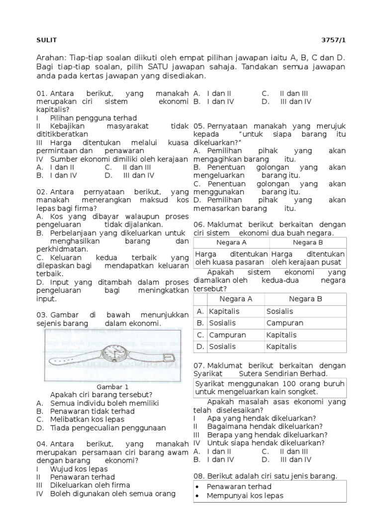 Kertas Soalan Ekonomi Asas Tingkatan 4 - Contoh Dhi