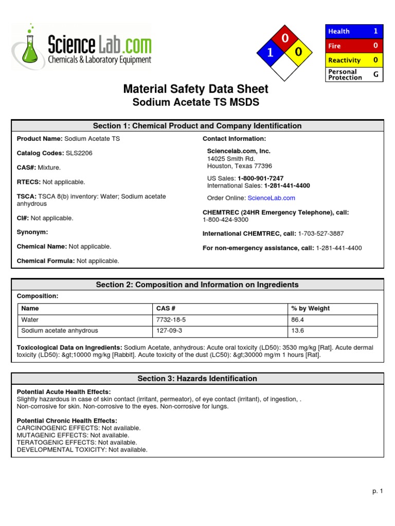 MSDS Sodium Acetate Toxicity Flammability