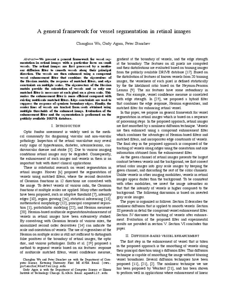 A General Framework For Vessel Segmentation in Retinal Images | PDF