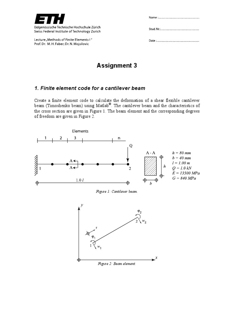 Assignment 3: 1. Finite Element Code For A Cantilever Beam | PDF
