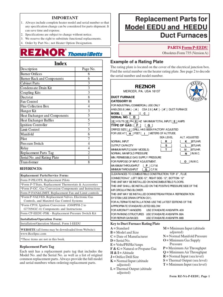Part List For REZNOR | PDF | Furnace | Mechanical Fan
