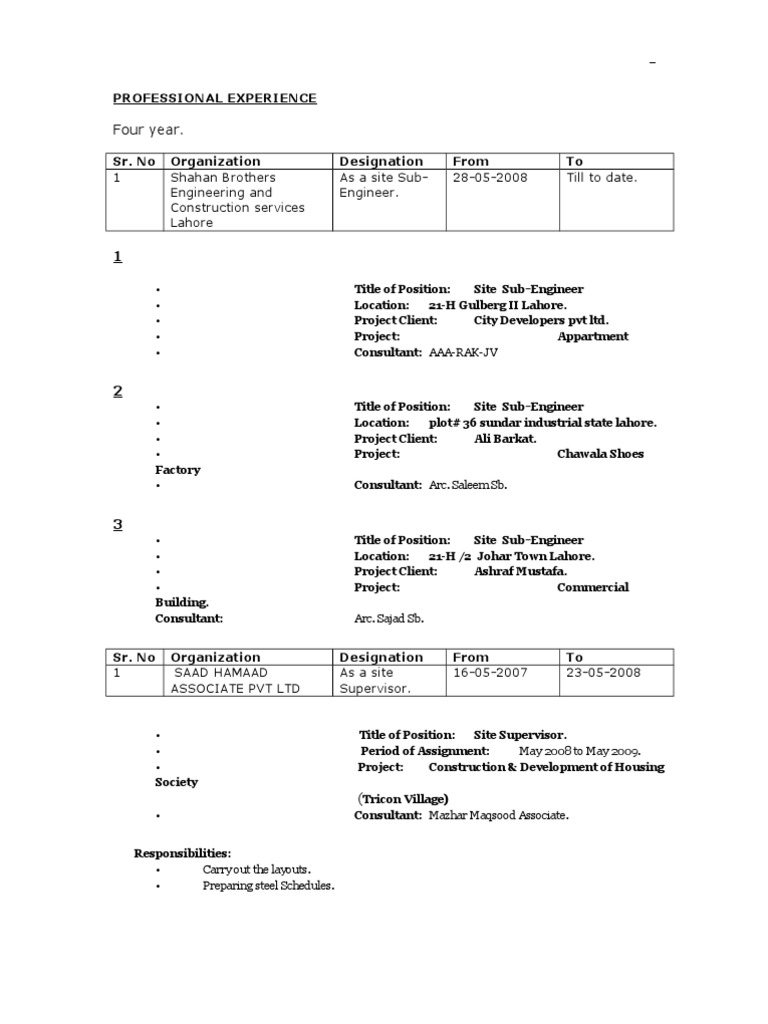 Site Sub-Engineer Experience in Lahore | PDF