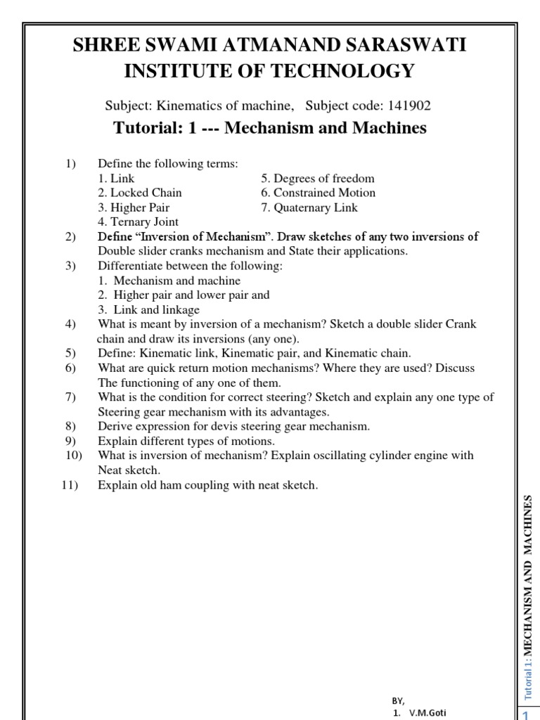 Kinematics of Machines Tutorial 1 | PDF