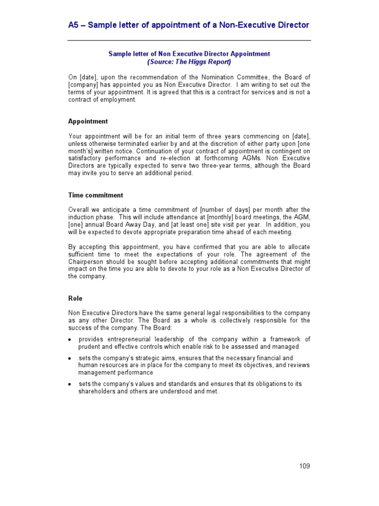 Sample Letter of Appointment for Non Executive Director Insurance