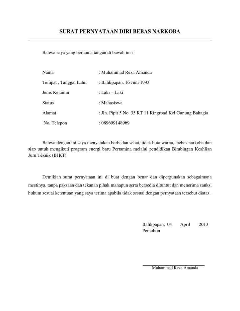 Surat Pernyataan Diri Bebas Narkoba Panjul