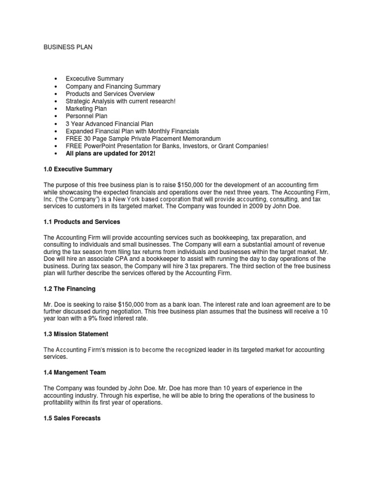 Business Plan Sample PDF Accounting Business Plan