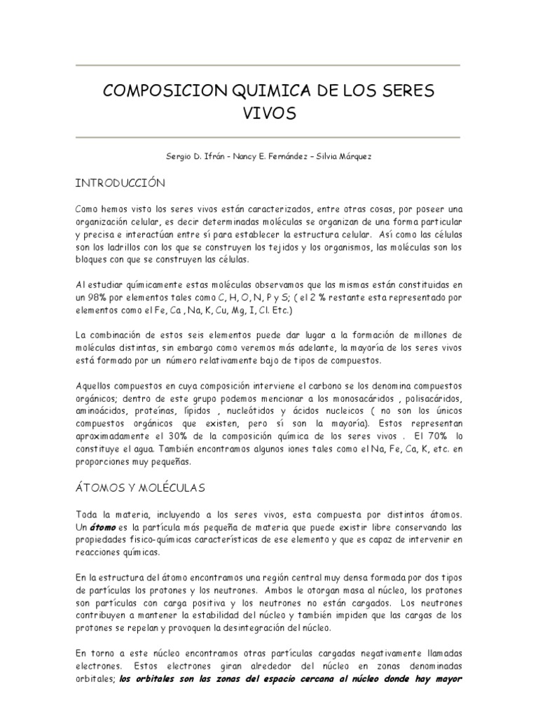 Composición Química de los Seres Vivos | PDF | Organismos | Átomos