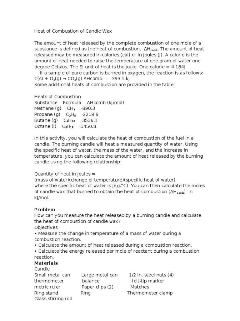 Heat of Combustion of Candle Wax PDF Combustion Oxygen