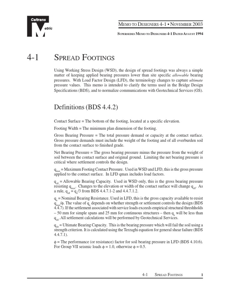 Caltrans Memo To Designers 41 November 2003 Spread Footing