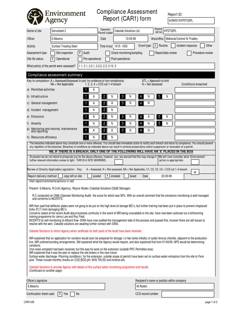 Compliance Assessment Report for Servosteel 2 | PDF | Environmental Law ...