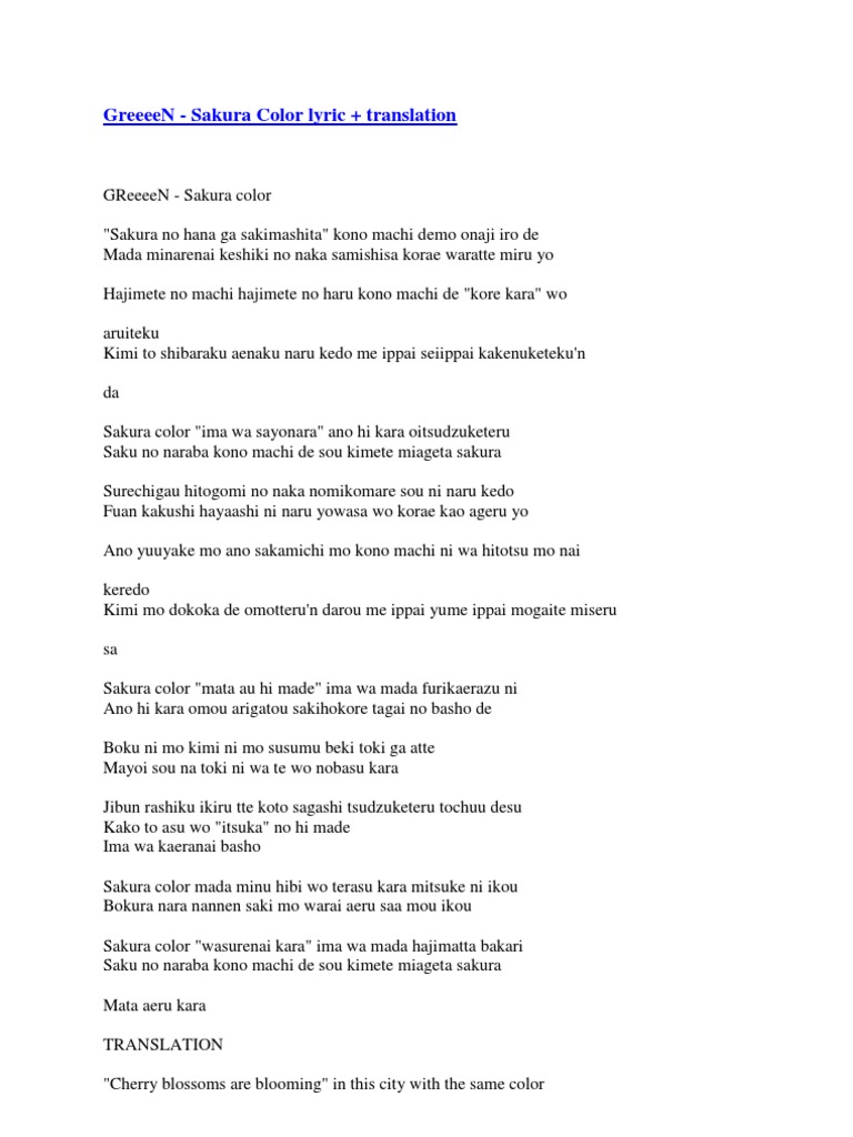 Greeeen - Sakura Color Lyric + Translation | PDF | Horticulture And ...