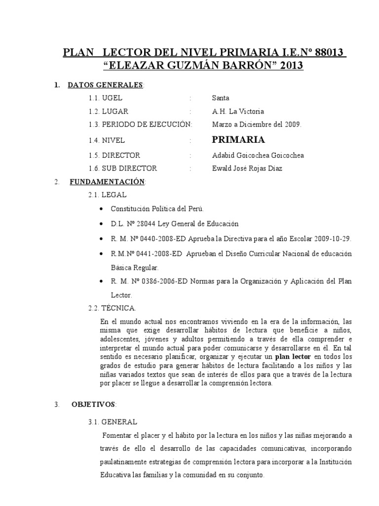 Plan Lector para Primaria 2013 | PDF | Educación primaria | Salón de clases