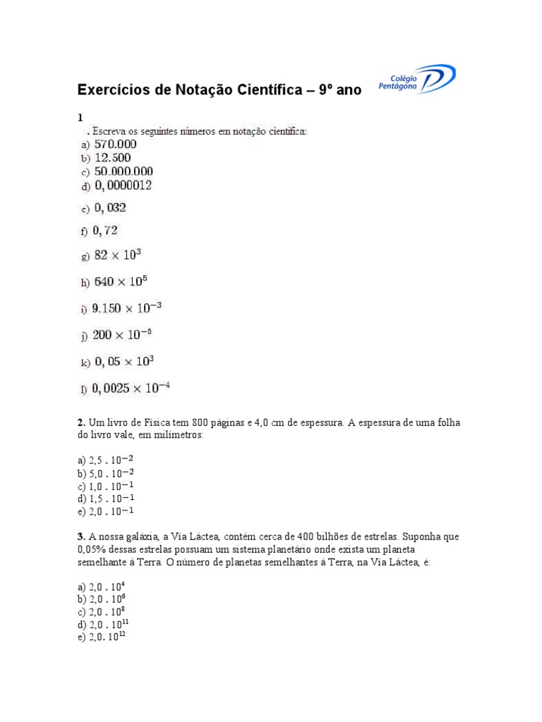 Exercicios+de+Notacao+Cientifica (1) +Com+Gabarito | PDF