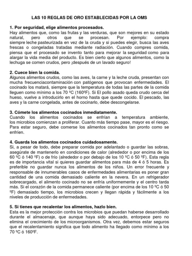 10 Reglas de Oro de la OMS para Alimentos | PDF | El embarazo | Carne