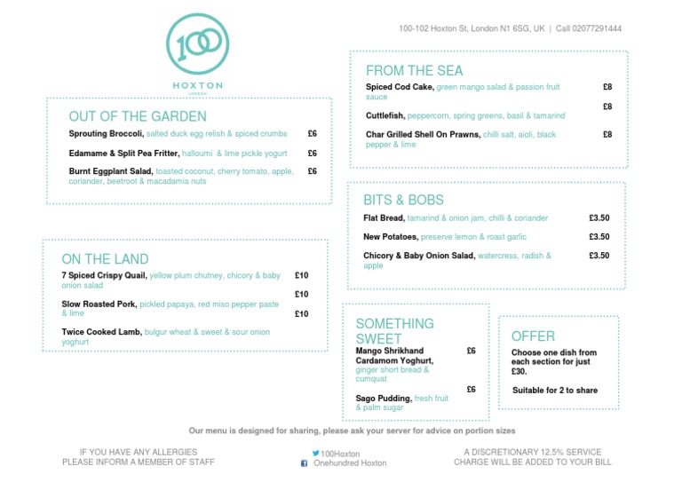 Sharing Menu at 100 Hoxton, London | PDF | Pickling | Yogurt