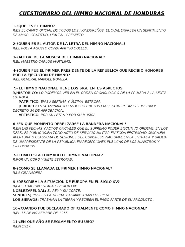Cuestionario del himno nacional de honduras