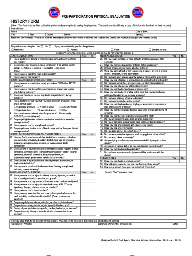 Pre-Participation Physical Evaluation Form | PDF | Heart | Concussion