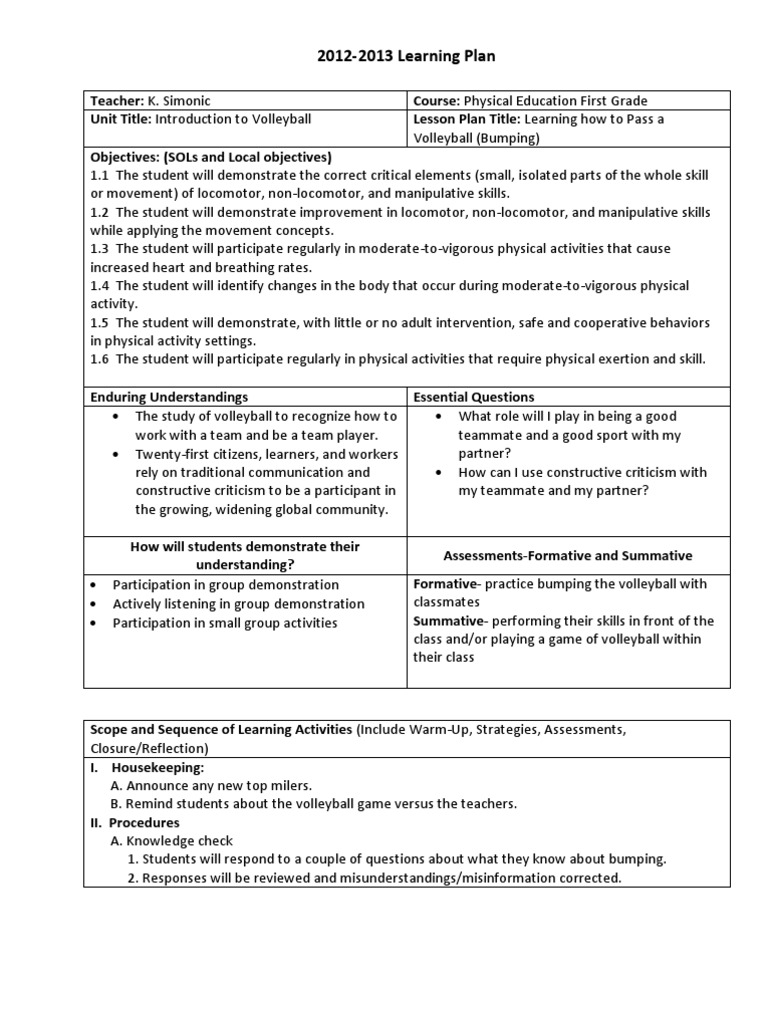 Lesson Plan Volleyball Bumping | PDF | Lesson Plan | Volleyball