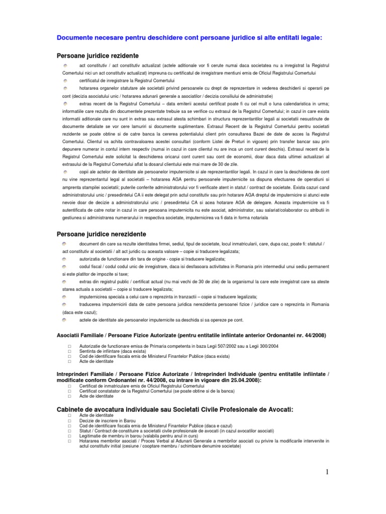 Documente Necesare Pt Deschidere Cont Persoane Juridice Si Alte Entitati Legale