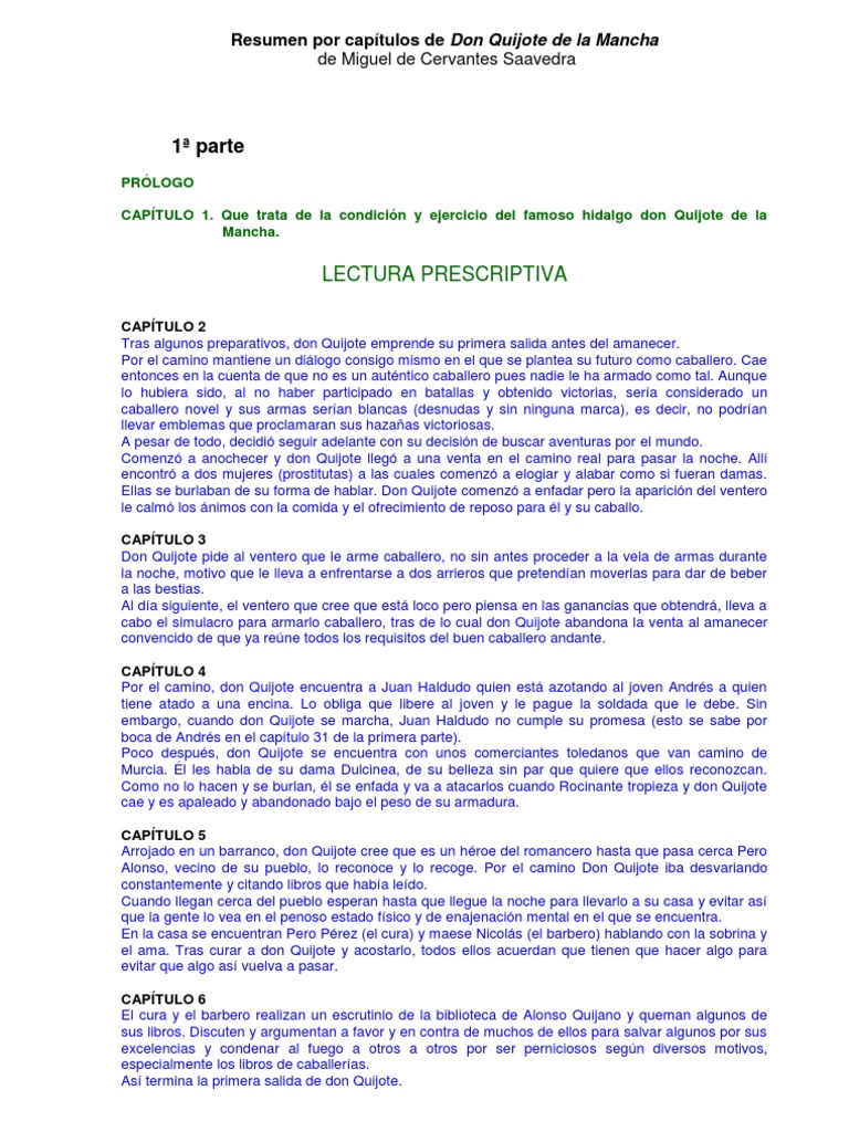 Don Quijote Resumen Por Capitulos
