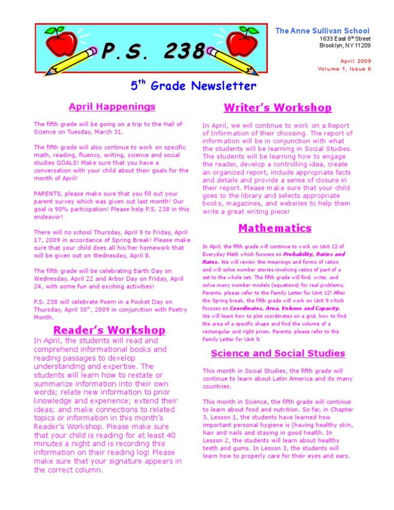 5th Grade April Newsletter | PDF | Teaching Mathematics | Science
