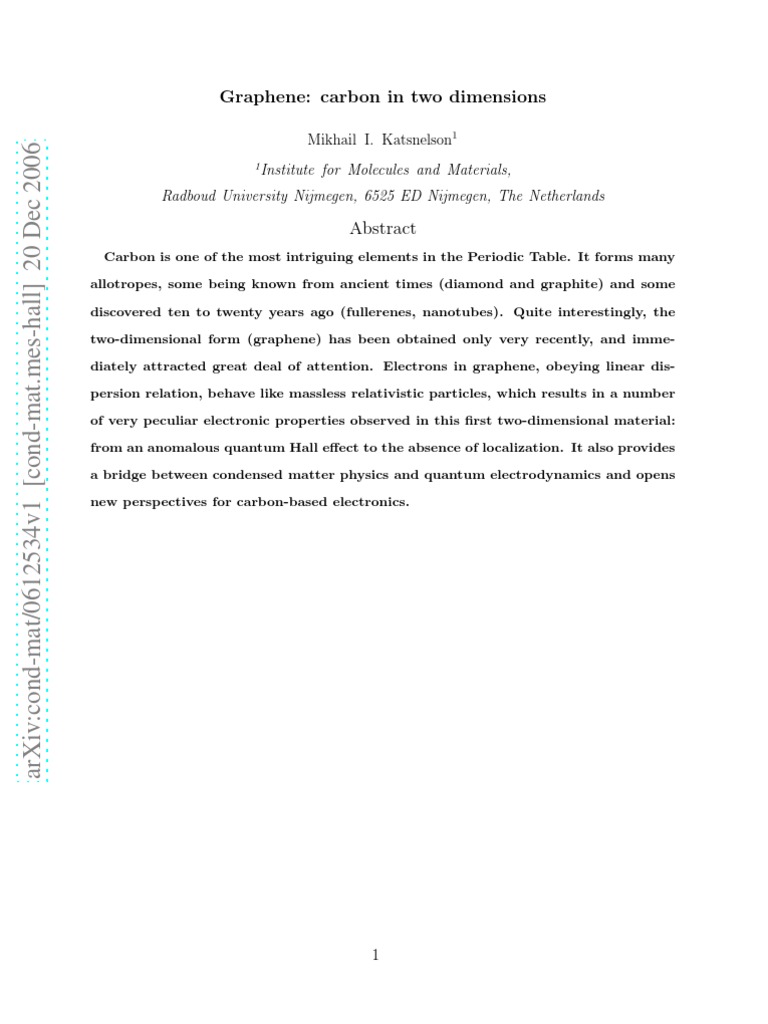 Graphene: A Two-Dimensional Carbon Allotrope | PDF | Graphene | Quantum ...