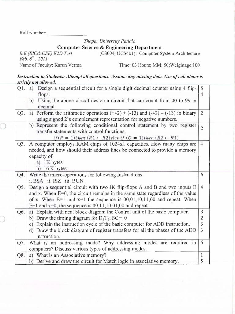 Computer System Architecture Test 2011 | PDF | Teaching Methods ...