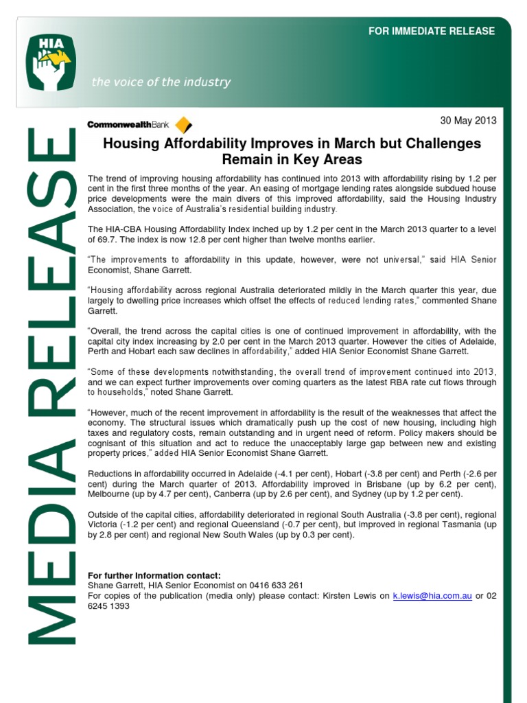 HIA Housing Affordability Index (30 May 2013) PDF Affordable