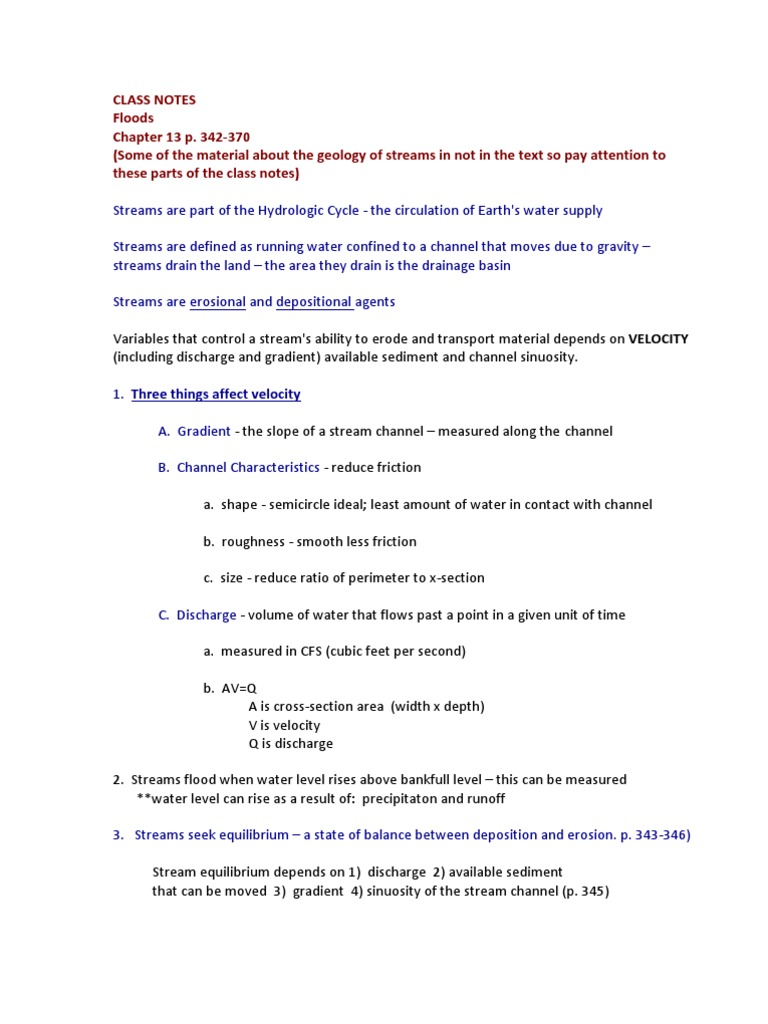 CLass NOtes - Floods and Stream Processes # 10 | PDF | Stream | Erosion