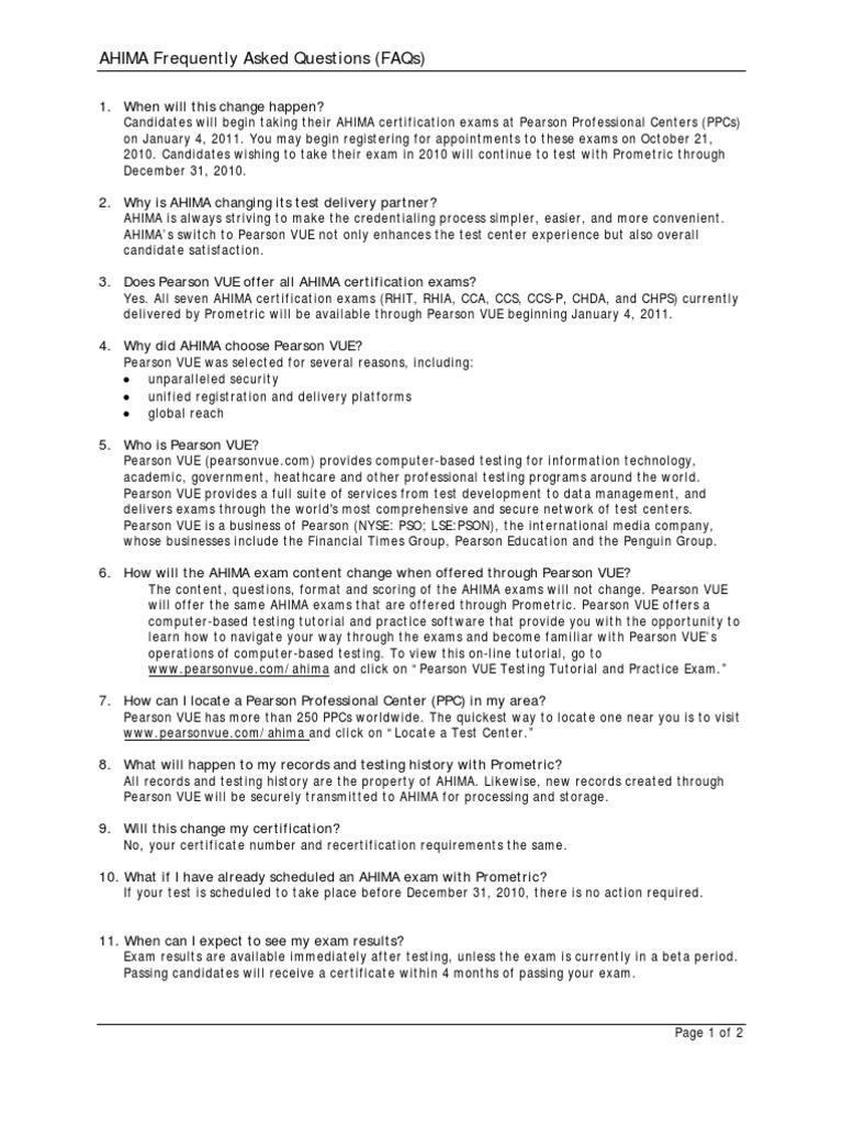 Transitioning AHIMA Certification Exams to Pearson VUE Frequently