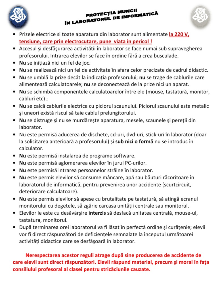 Protectia Muncii In Laboratorul De Informatica
